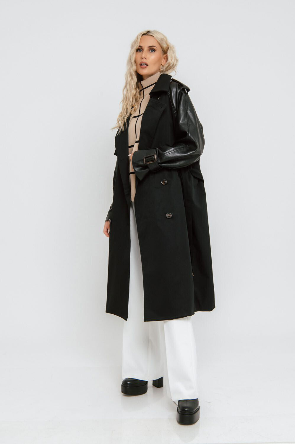 Schwarzer Damen Trenchcoat im Oversize-Lederlook, stylische Jacke von freestyle, Größe M-L, modischer Mantel für Damen
