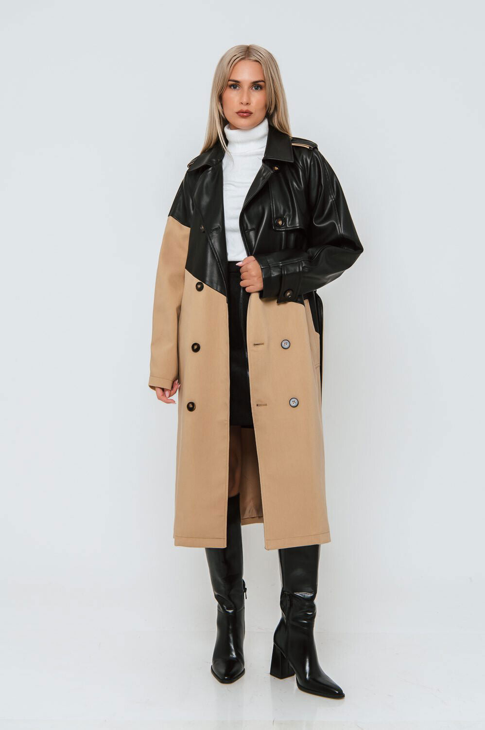 Beige Damen Trenchcoat von freestyle, 2-Faces-Look, Lederlook, elegante Jacke für S, M, L.