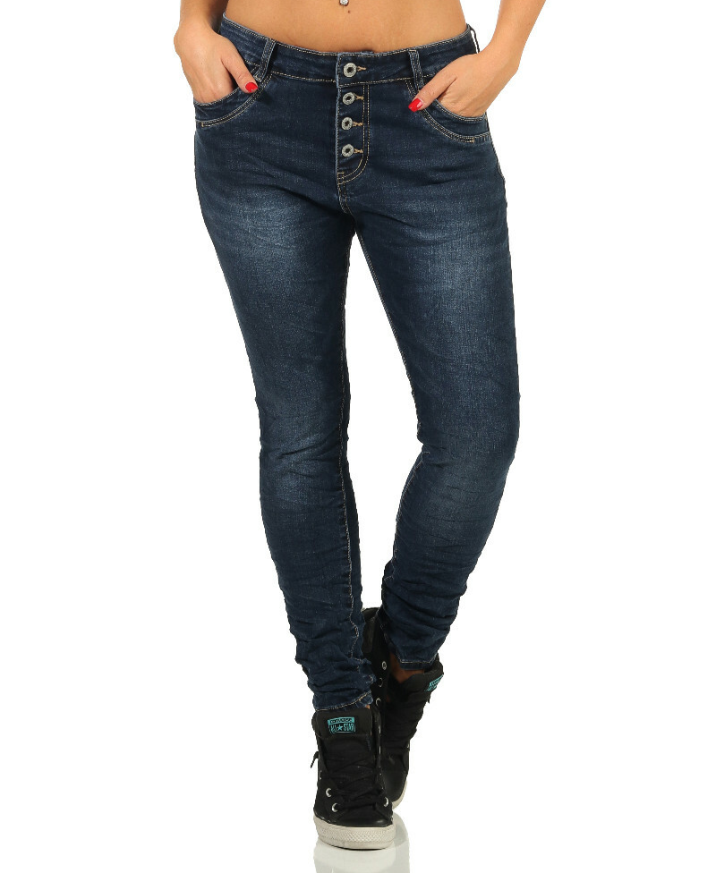 Jewelly Damen Baggy Boyfriend Jeans in Hüftjeans-Style mit Crash-Look, Knöpfen und lockerer Passform, modische Jeanshose
