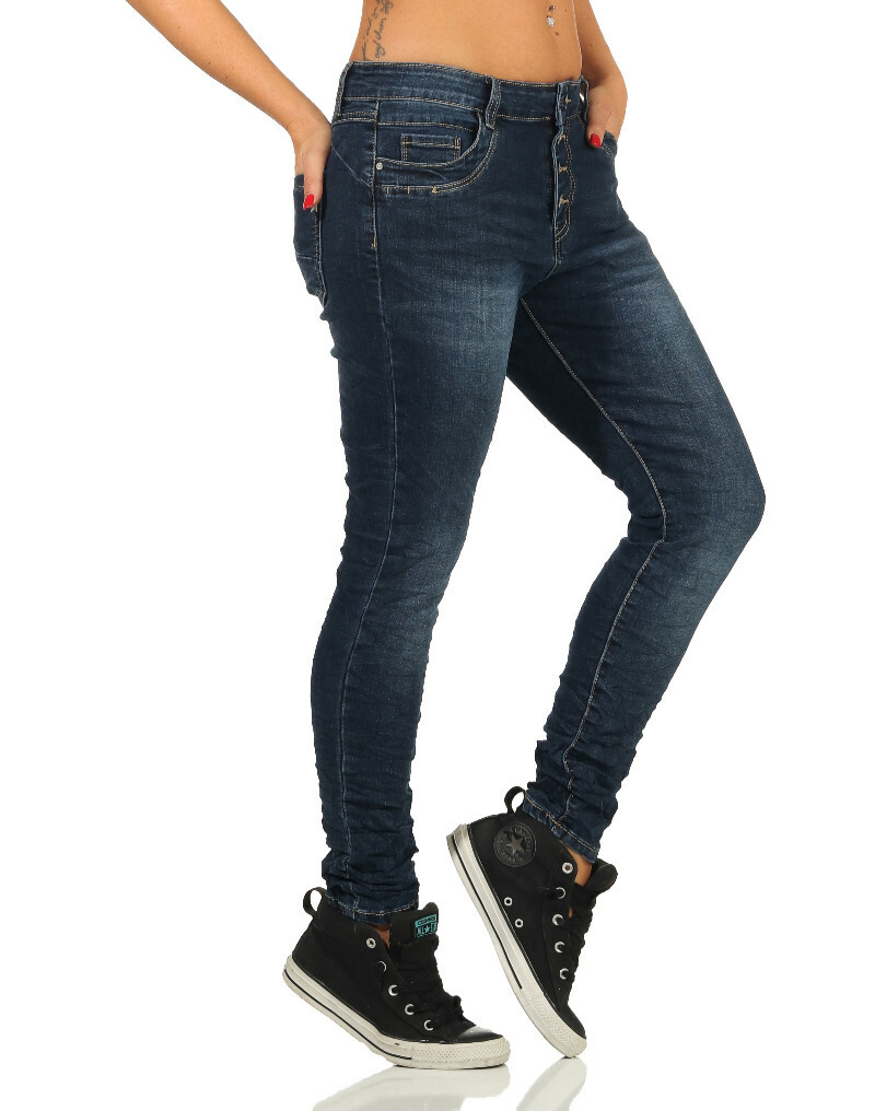 Jewelly Damen Baggy Boyfriend Jeans in Crash-Look mit Knöpfen, lockere Hüftjeans, stylische Jeanshose, modischer Casual-Look