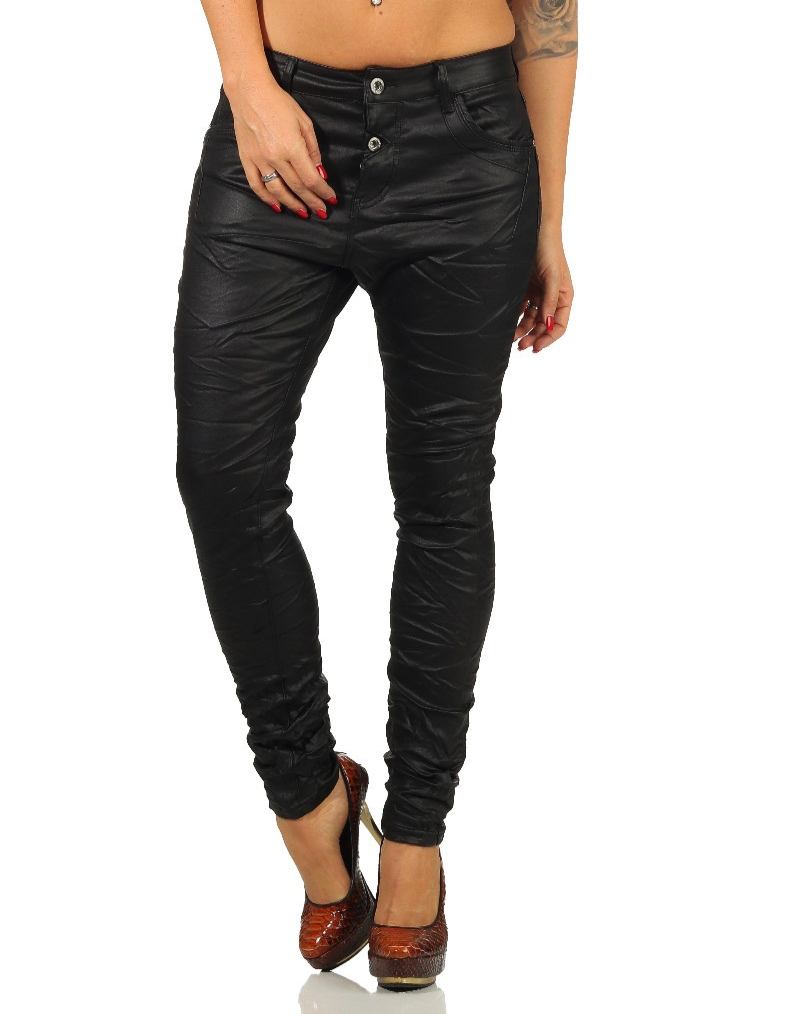 Jewelly Damen Baggy Boyfriend Jeans mit Crash-Look, Leder-Details und Knöpfen, lässige Hüftjeans für Damen