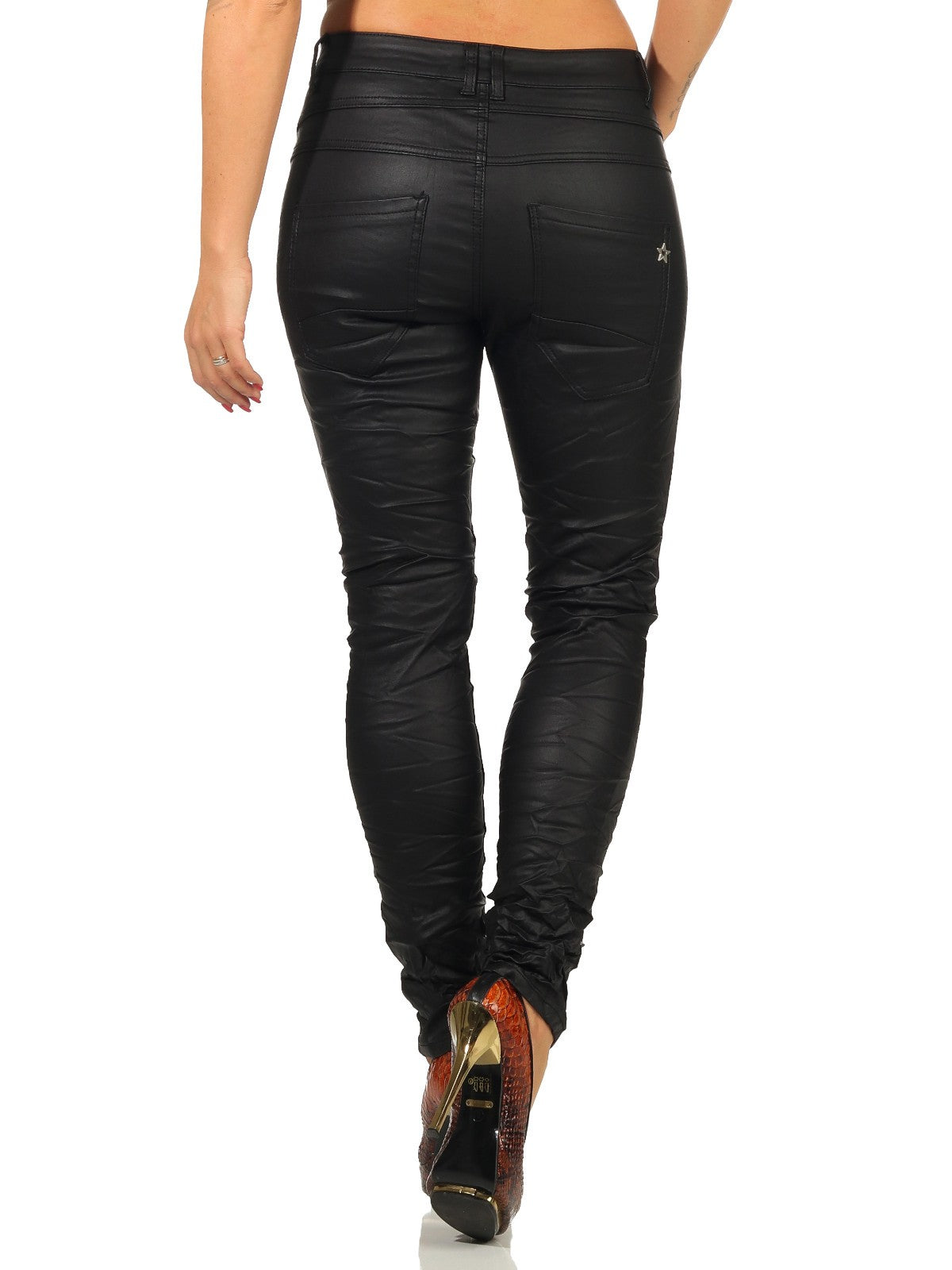 Jewelly Damen Baggy Boyfriend Jeans im Crash-Look mit Knöpfen, Lederoptik, lockerer Hüftjeans-Stil, modisch und bequem