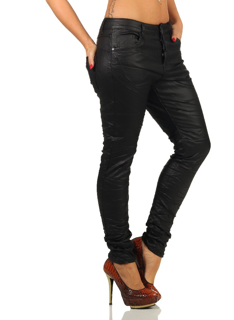 Jewelly Damen Baggy Boyfriend Jeans in Hüftpassform mit Crash-Look, Knöpfen und Leder-Optik, casual Style, moderne Damenhosen