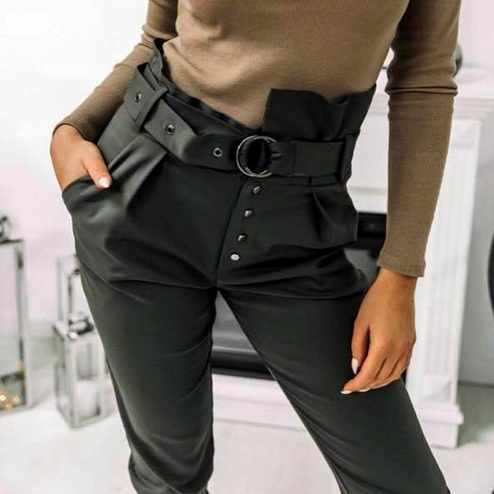 Grüne Damen Hose von La Manuel, High-Waist, Röhrenstil, Stoffhose, Paperbag-Design, Business-Style, XS-S-M.