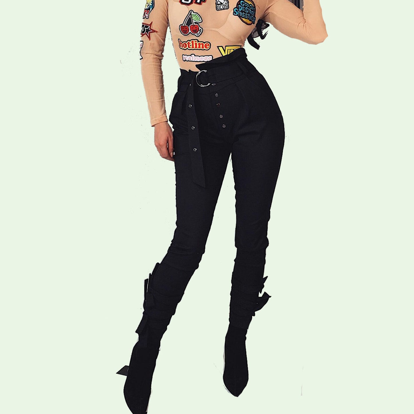 Grüne Damen-Hose von La Manuel, High-Waist, Röhre, Stoffhose, Paperbag-Design, Business-Stil, in XS bis M