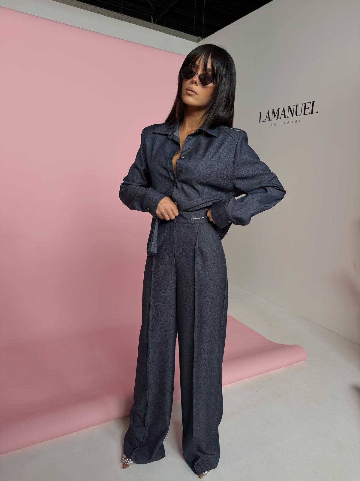 Damen 2-Teiler von La Manuel in Aurablau, elegantes Outfit mit Hose und Top, modischer Stil, perfekt für den Alltag