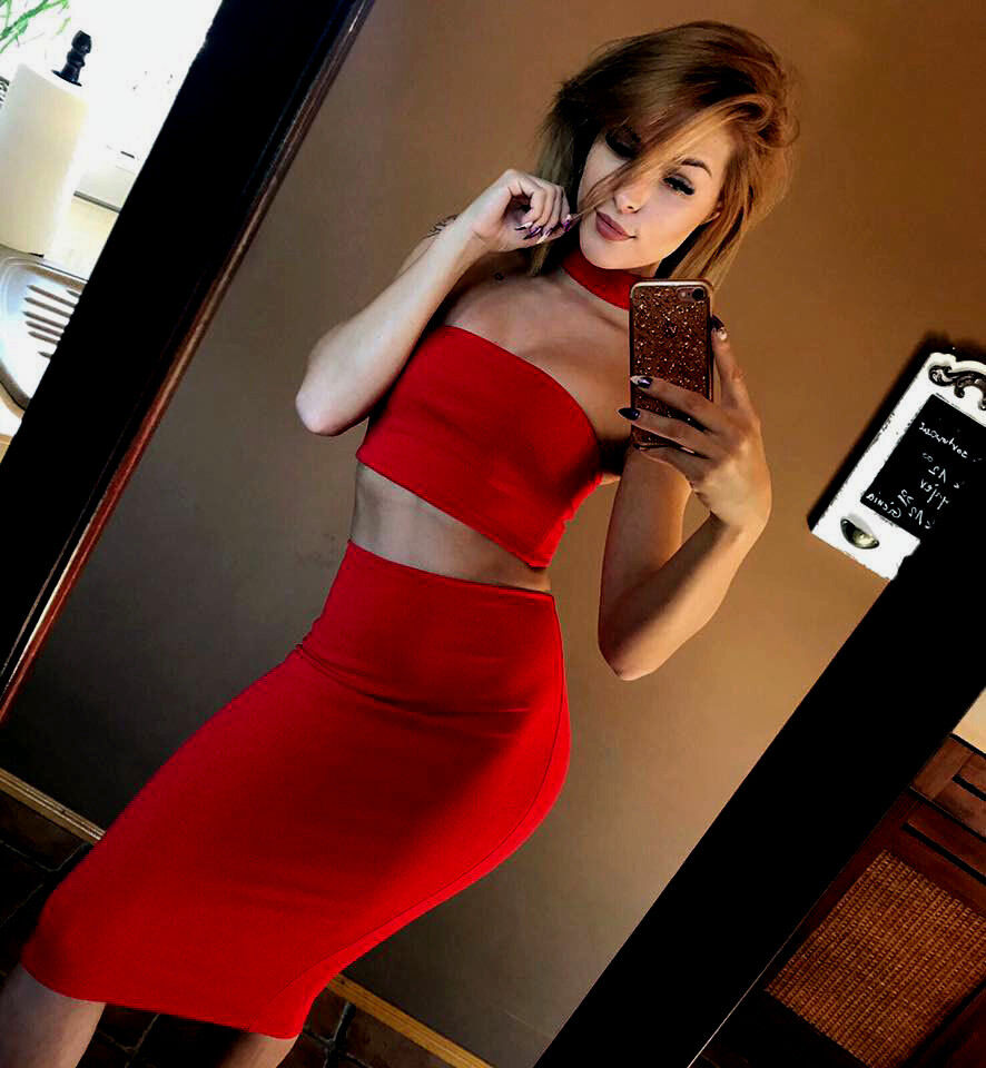 Roter Damen 2-Teiler mit Bleistiftrock und Cropped Top von La Manuel, High-Waist, stilvoller Stiftrock, Größe XS-M
