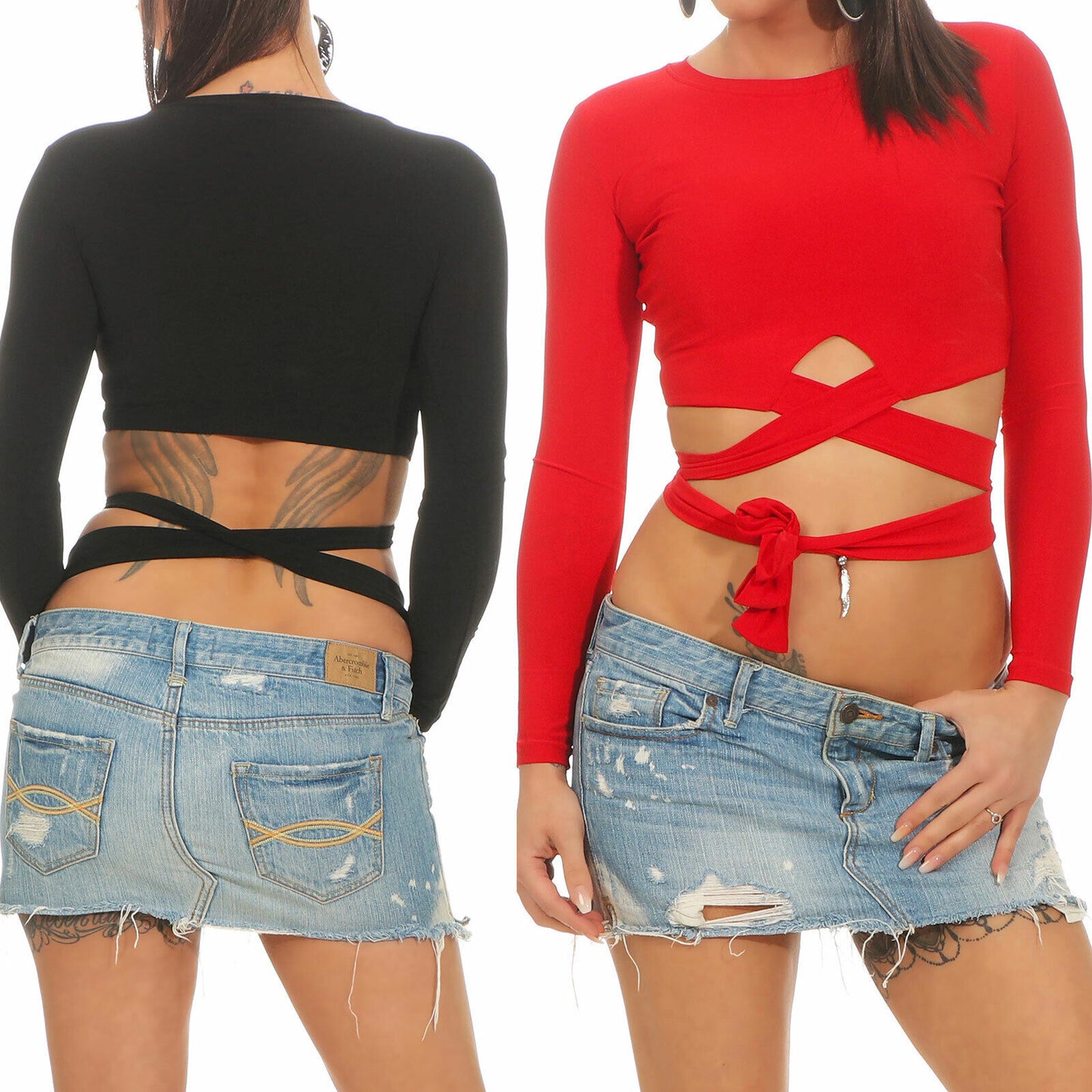 Roter LA Damen Cropped Pullover von La Manuel mit Wickel-Design, bauchfreiem Schnitt und langen Ärmeln, modisches Crop Top.