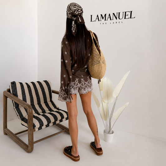 La Manuel Damen Zweiteiler Set Bluse & Hotpants Spitze elegant Urlaub Strand S M