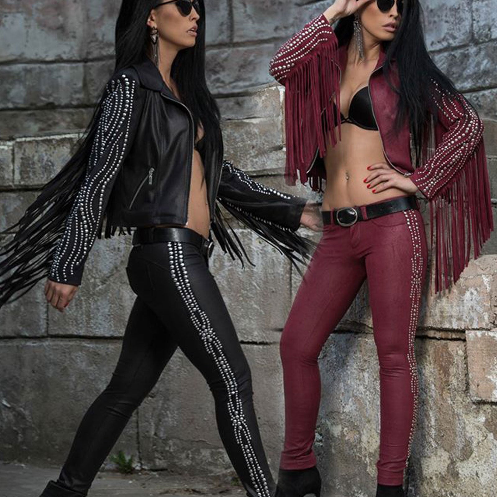 Mexton Damen 2-Teiler Bikerjacke mit Fransen und Wildleder-Look, inklusive passende Röhrenhose in Rot, Größe XXS