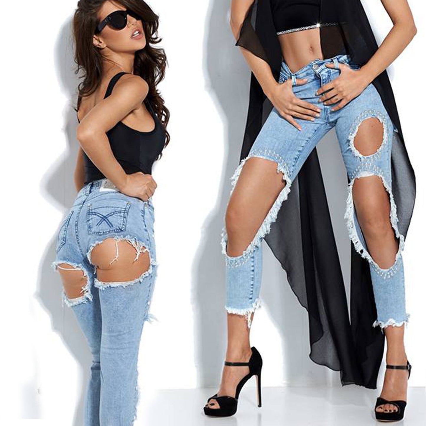 Damen Mexton High-Waist Röhrenjeans 7/8 mit Löchern und Perlen, enge Passform, in Größe XS-34, modischer Denim Look