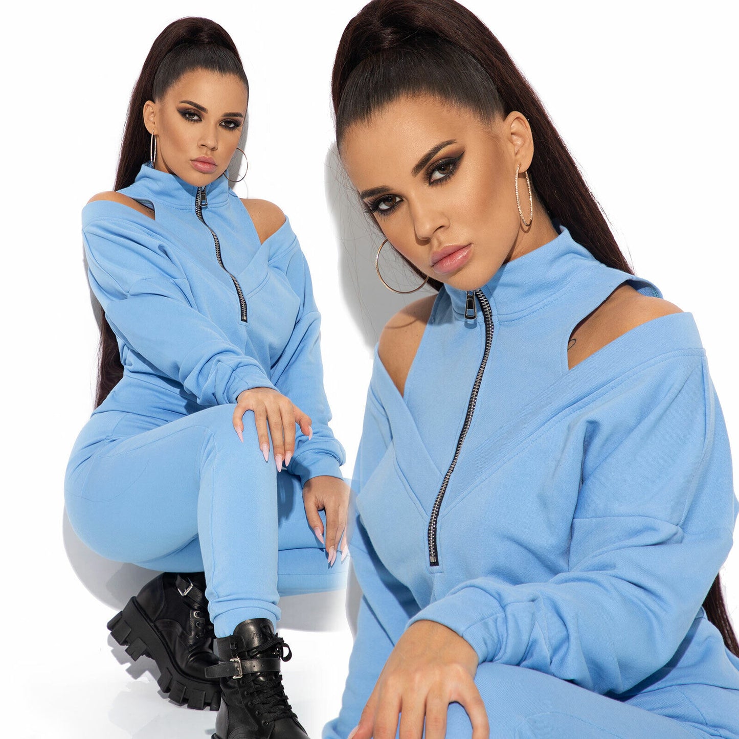 Mexton 2-Teiler Cropped Pullover und Jogginghose im hellblauen Look, bequemes Damen-Set in XS bis M Größe