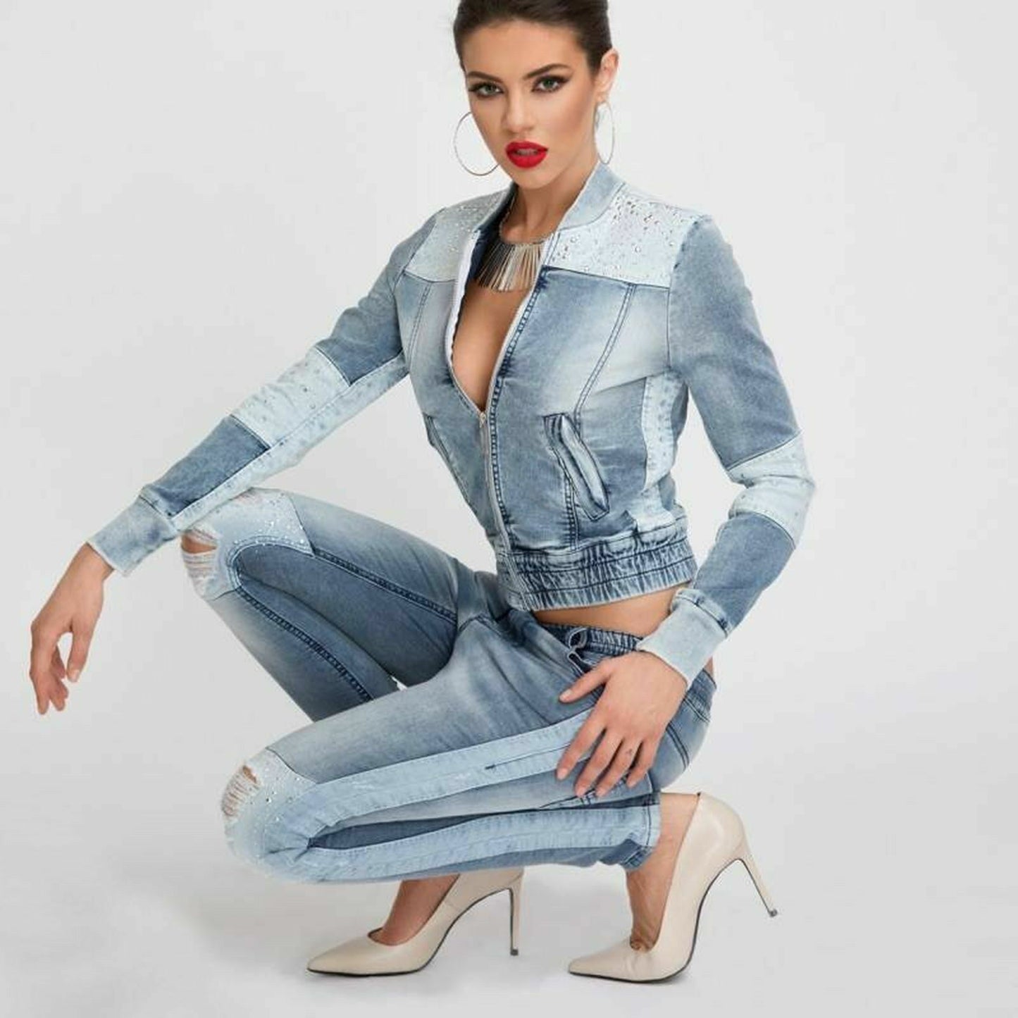 Mexton Damen Jeans 2-Teiler: Jeansjacke und Röhrenjeans im casual Look, Größe XS, modisches Denim-Outfit