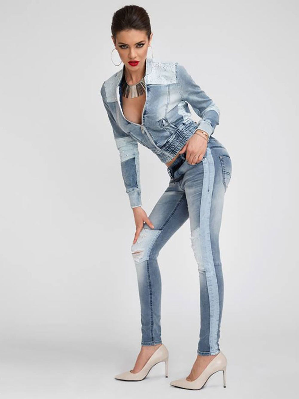 Mexton Damen Jeans 2-Teiler mit Jeansjacke und Röhrenjeans, XS, modischer Jeansanzug für Damen