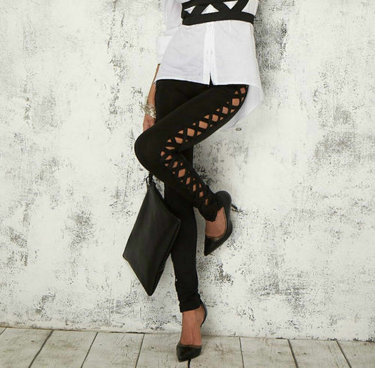 Hochwertige schwarze Damen Leggings von Mexton, Skinny, elegant mit Cut-Out-Details, Größe XS, Damenmode