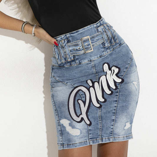 Kurzer High-Waist Jeansrock von Mexton mit Print, perfekt für den Sommer, in XS-S Größe, aus robustem Denim gefertigt.