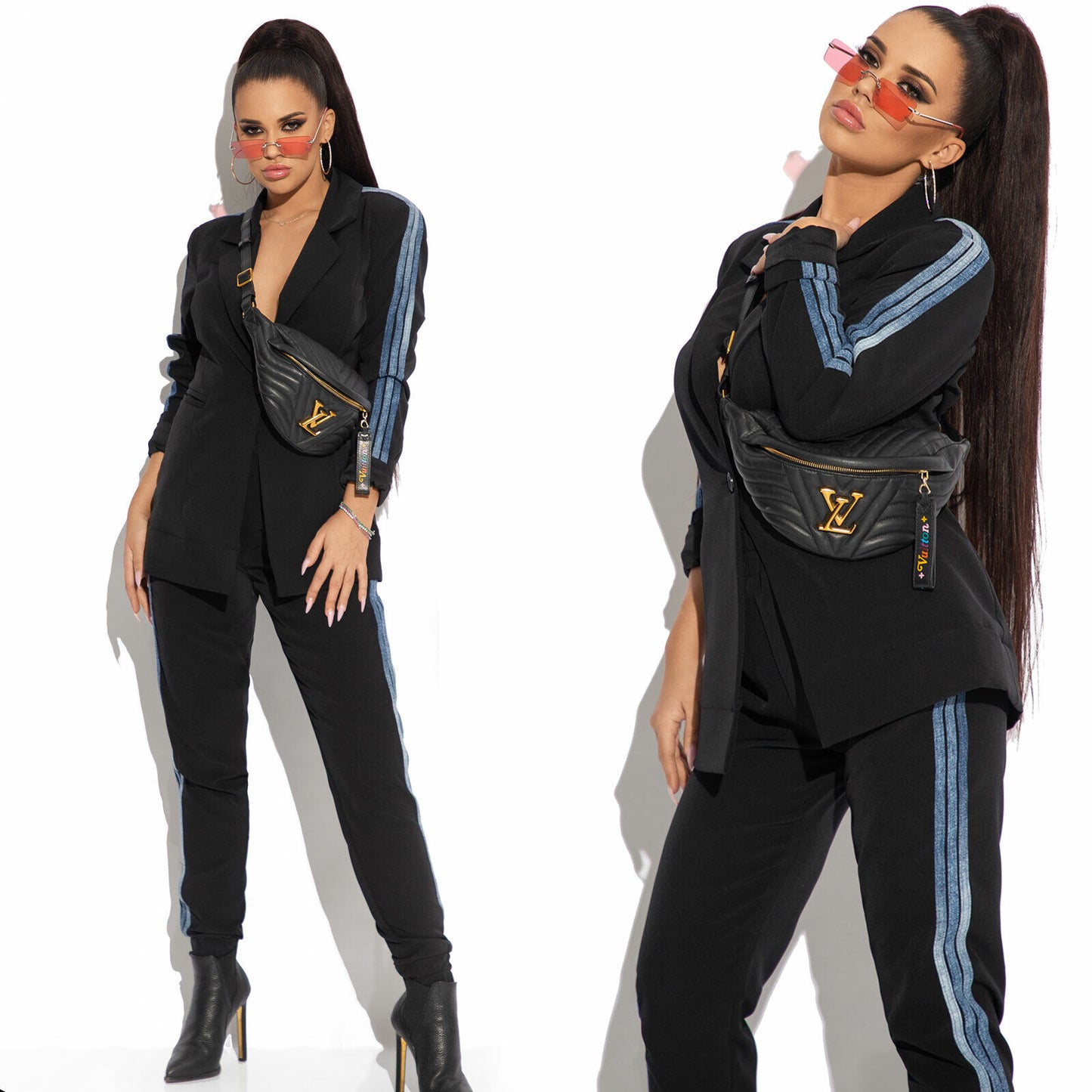 Mexton 2-Teiler Jacke und High-Waist Stoffhose im Jeans-Look, XS-S, eleganter Hosenanzug für Damen.