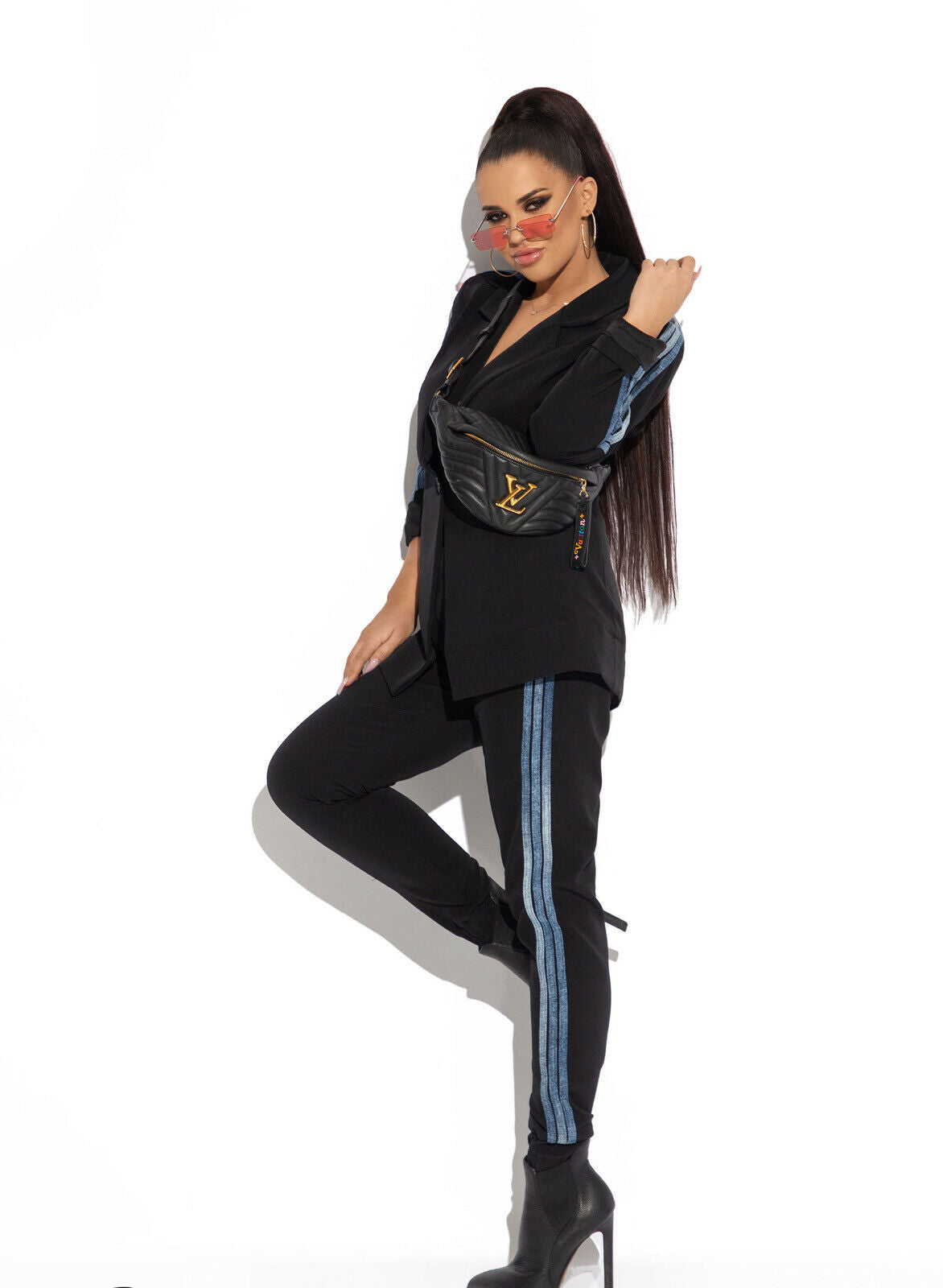Mexton Damen 2-Teiler Jacke und High-Waist Stoffhose im Jeans-Look, XS-S, eleganter Hosenanzug für moderne Outfits