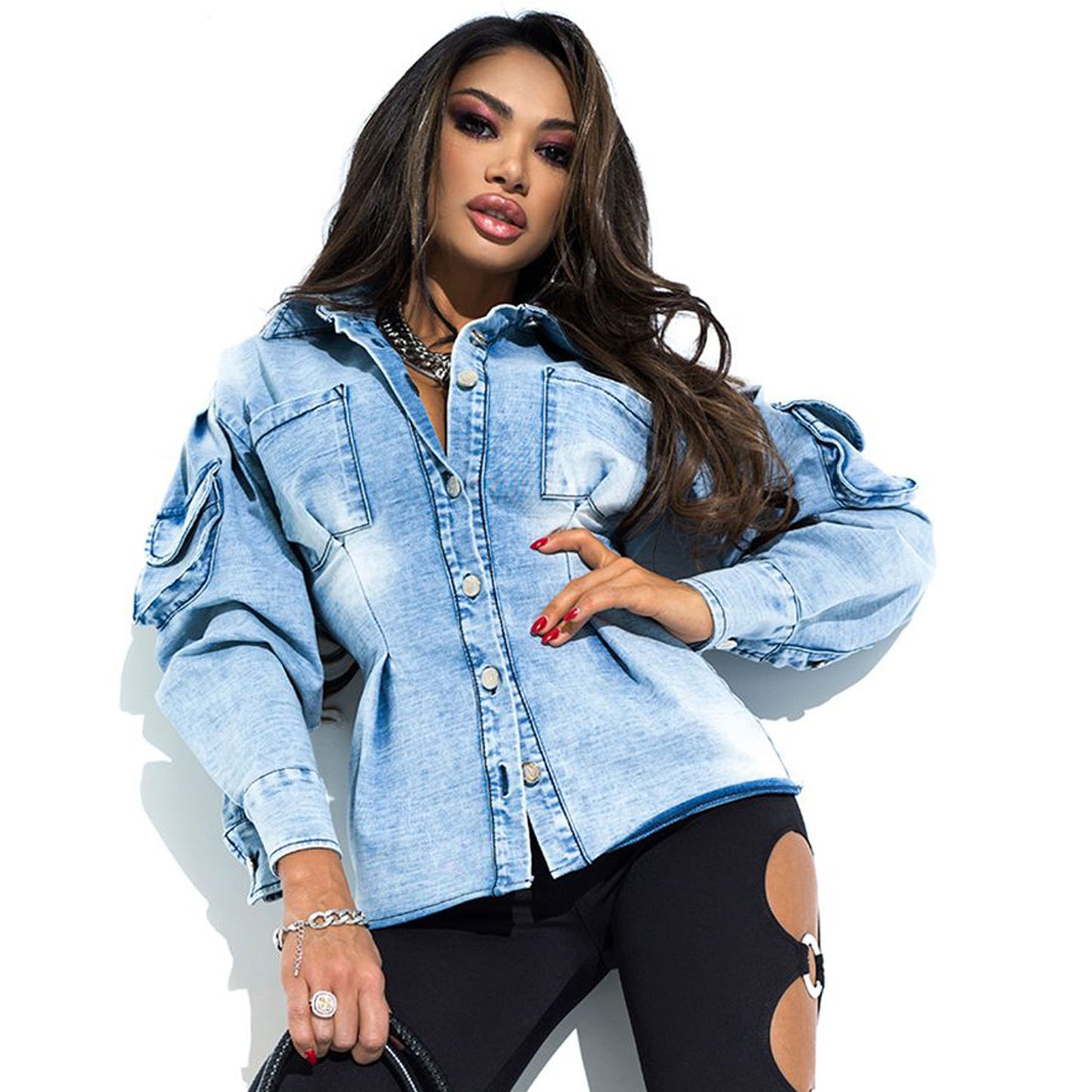 Mexton Damen Jeansbluse mit Ballonärmeln in Blau, kurze Passform, leicht gedehnt, für lässigen Stil, Größe XS/S