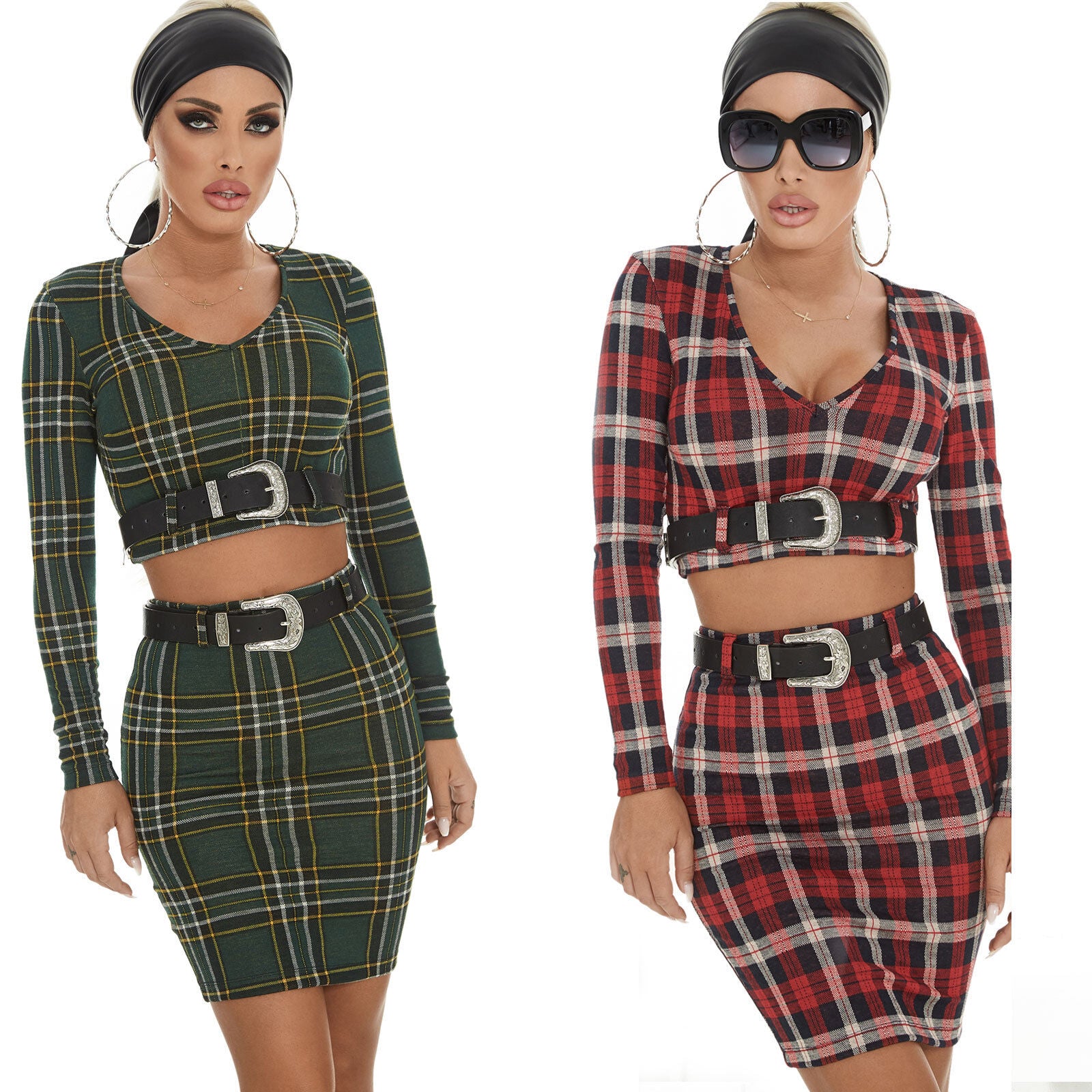 Mexton Damen 2-Teiler: Roter kariertes Cropped Pullover Top und Minirock, schickes modisches Damen-Set in XS/S