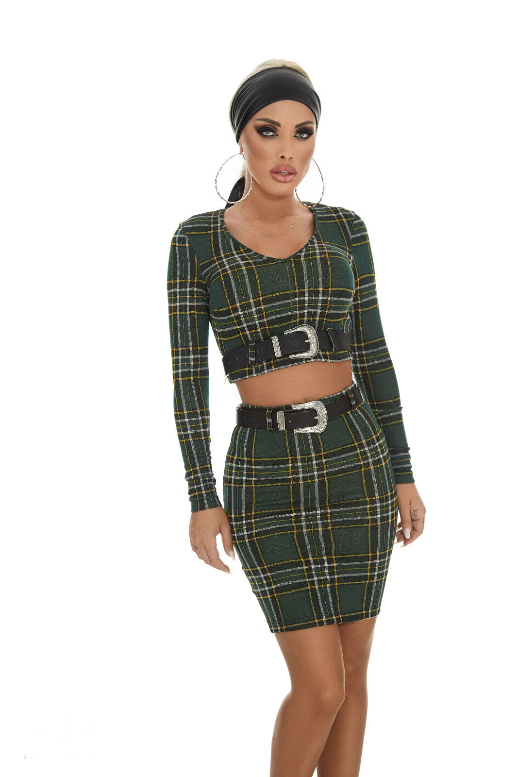 Mexton Damen 2-Teiler mit kariertem roten Cropped Pullover und Minirock, bequemer Sitz in XS/S