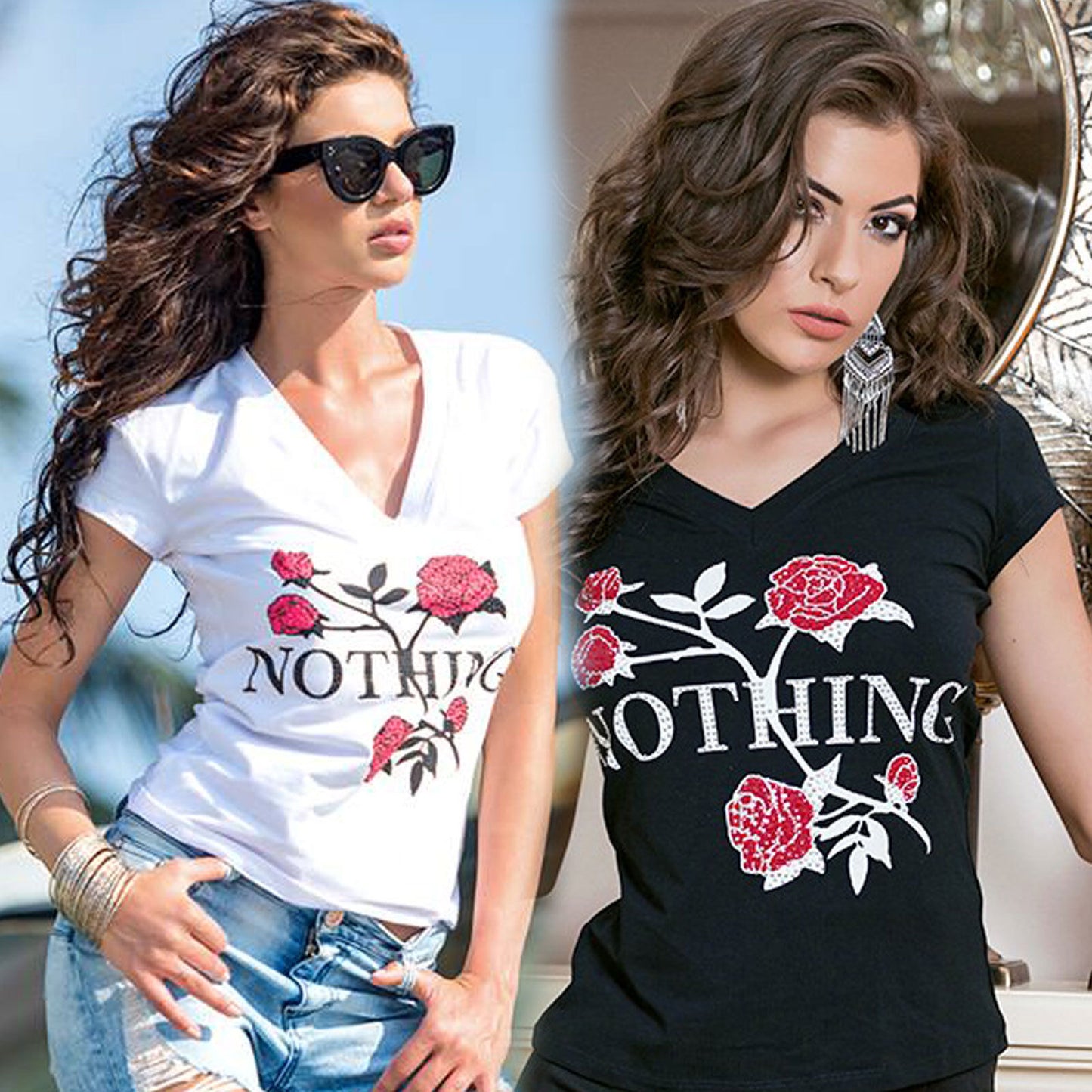 Damen T-Shirt von Mexton mit V-Ausschnitt und Blumenmuster, kurzärmeliges Oberteil in Schwarz, Größe XS-S