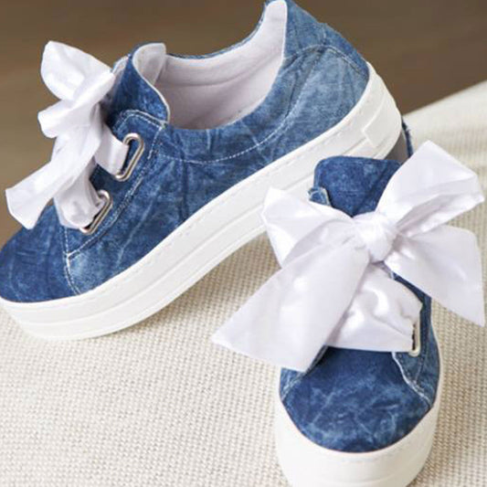 Mexton Damen Jeans Wedges Satin Sneaker Halbschuhe, Jeansschuhe in Größe 35, mit Satin-Details und bequemer Sohle