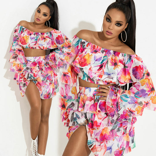 Mexton Damen 2-Teiler: floral Crop Top und Minirock mit Volant, leichtes Design, für XS bis M.