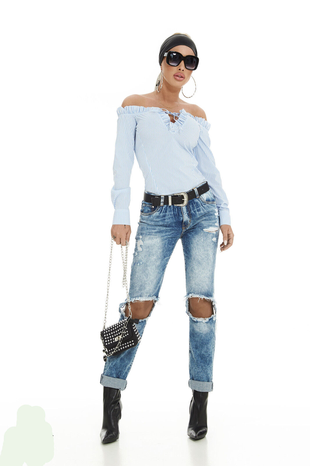 Blauer Damen-High-Waist Jeans von Mexton mit Rissen und Löchern, enge Passform, Größe 34-36, aus robustem Denim
