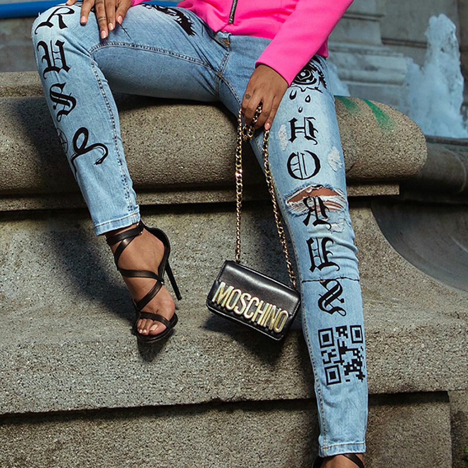 Helleblaue Damen-Röhrenjeans von Mexton mit hohem Bund und Print, Größe XS-S, bequeme Passform, modischer Look