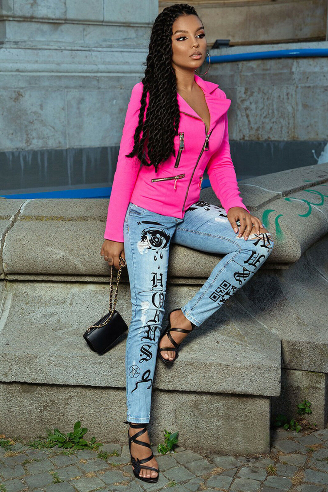 Helle blaue High-Waist Röhrenjeans für Damen von Mexton mit Print, enge Passform, Größe XS-S, modischer Stil