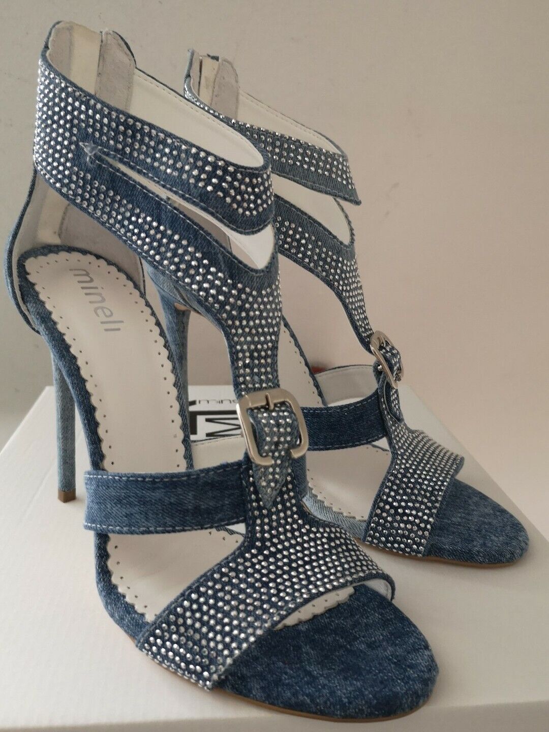 Mexton Sandaletten mit hohen Heels, Stilettos, Peep Toes, Jeans-Design, Größe 36-38, elegante Damenschuhe