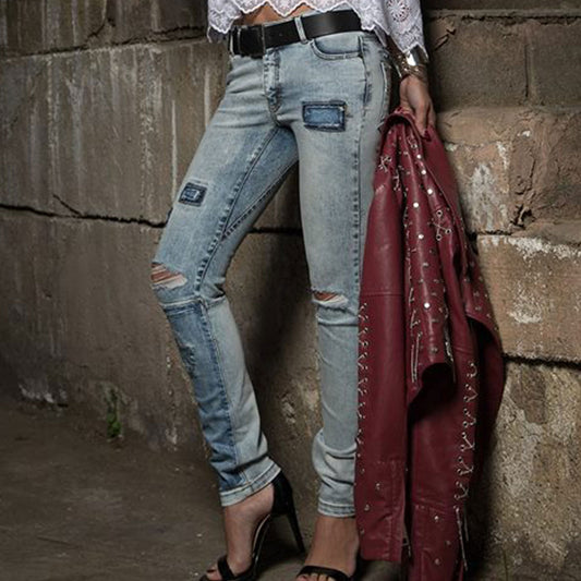 Mexton Röhrenjeans in Patchwork-Design, enganliegende Hüftjeans, modischer Schnitt, Denim-Optik, für Damen