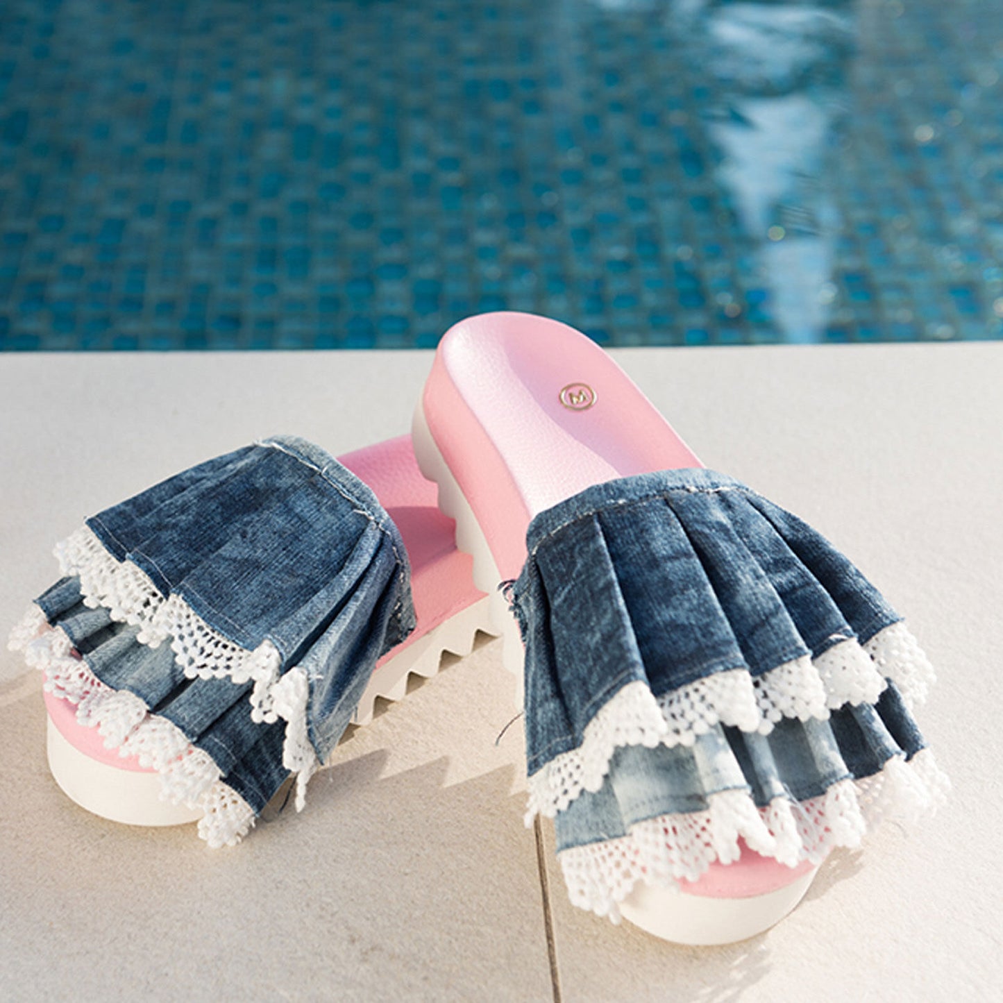 Mexton Pantoletten aus Jeans mit Plateauabsatz, Badeschlappen für den Strand, Größe 35-39, bequeme Sommerschuhe