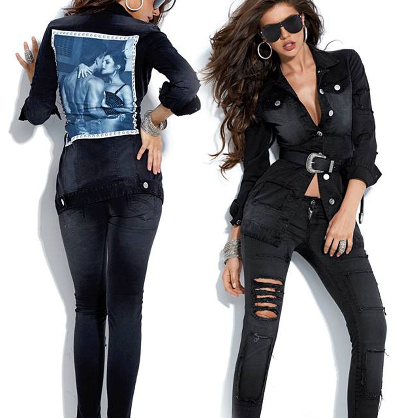 Schwarze Damen-Hüftjeans von Mexton mit Rissen, lockerer Freizeitstil, Gr. S/M, elegante Jeans für Damen