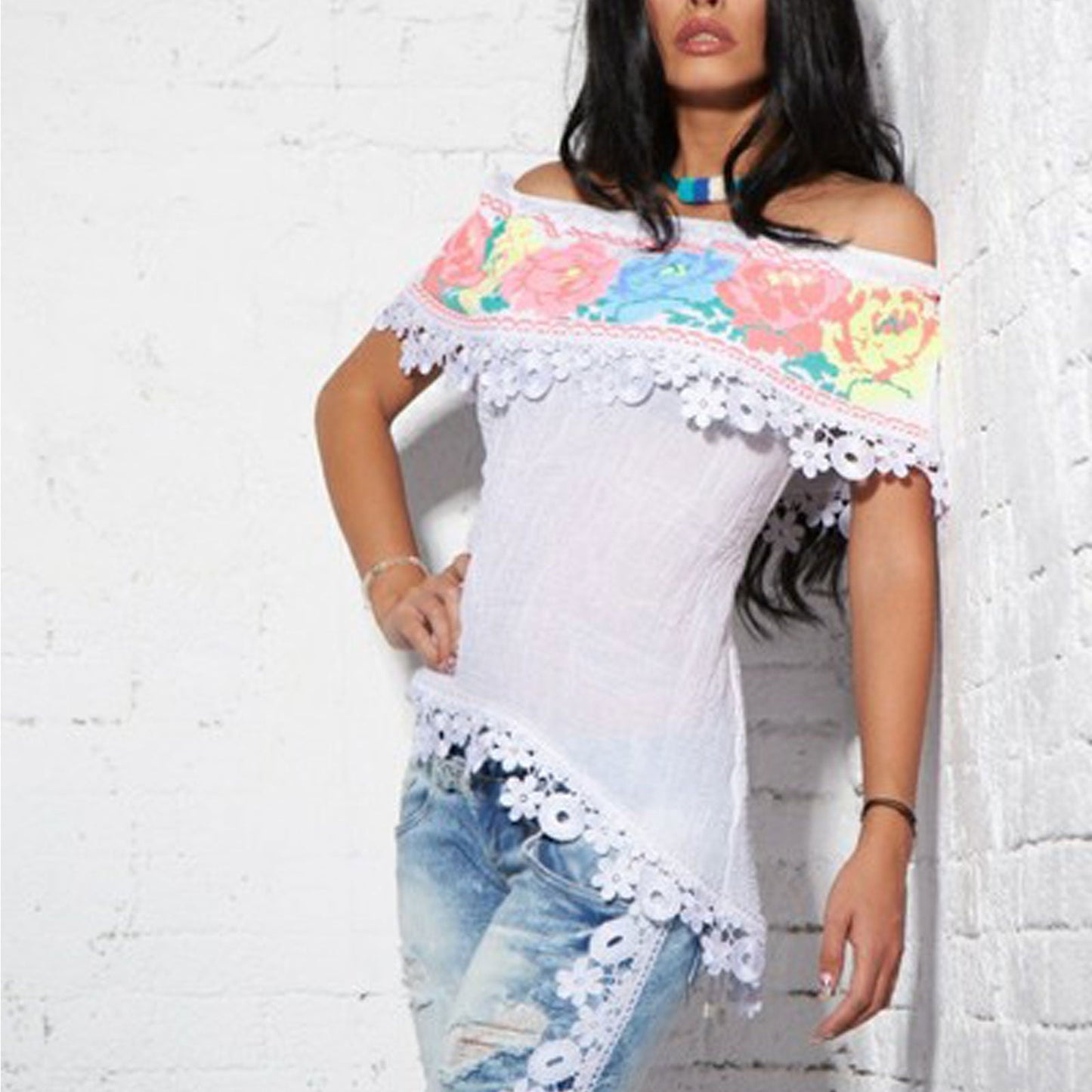 Mexton Damen Longtop Carmen-Bluse in Größe M, helles Stoff mit lockerer Passform, detailreiche Schnittführung, elegante Alltagsmode