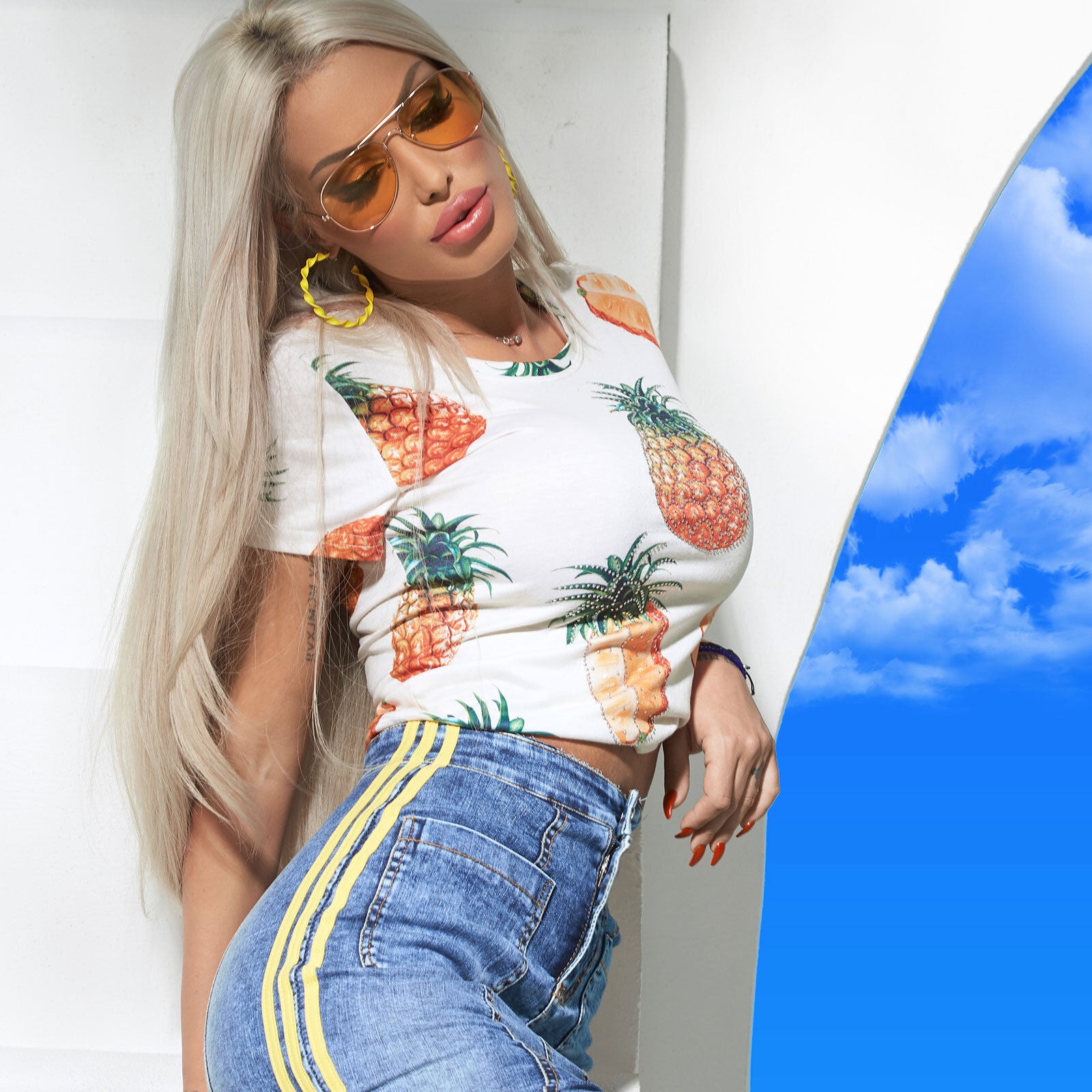 Mexton Oberteil Bluse Tunika mit Obst-Print, Kurzarm T-Shirt in frischer Ananas-Design, leichter Stoff, lässiger Stil