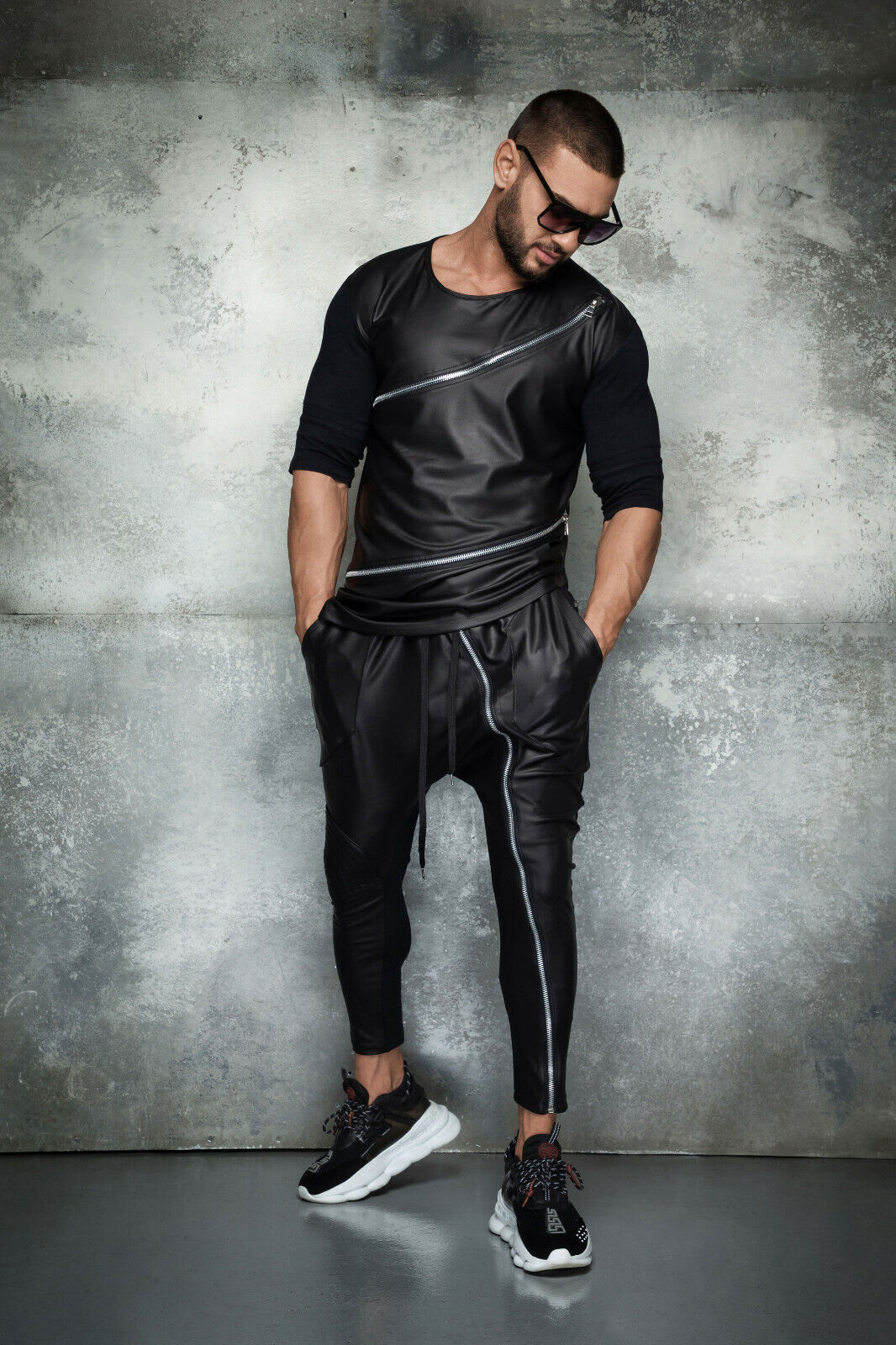 Mexton Herren Long T-Shirt Oversized mit Lederlook, Reißverschluss, in XL, modisches Longshirt für Männer