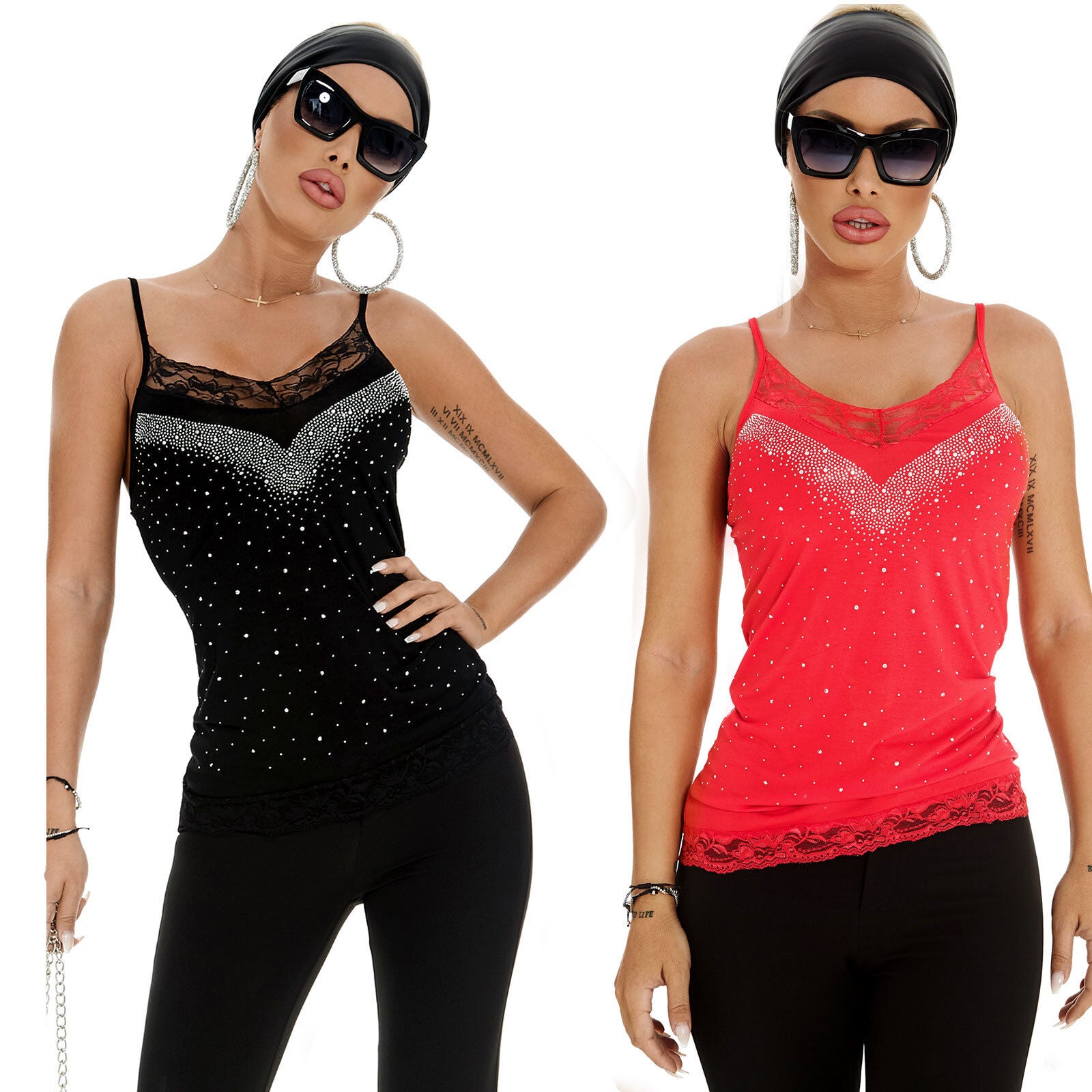Schwarzes Damen Trägertop von Mexton mit Spitze, Strass-Details, bequemes Unterhemd in XS bis M Größe.