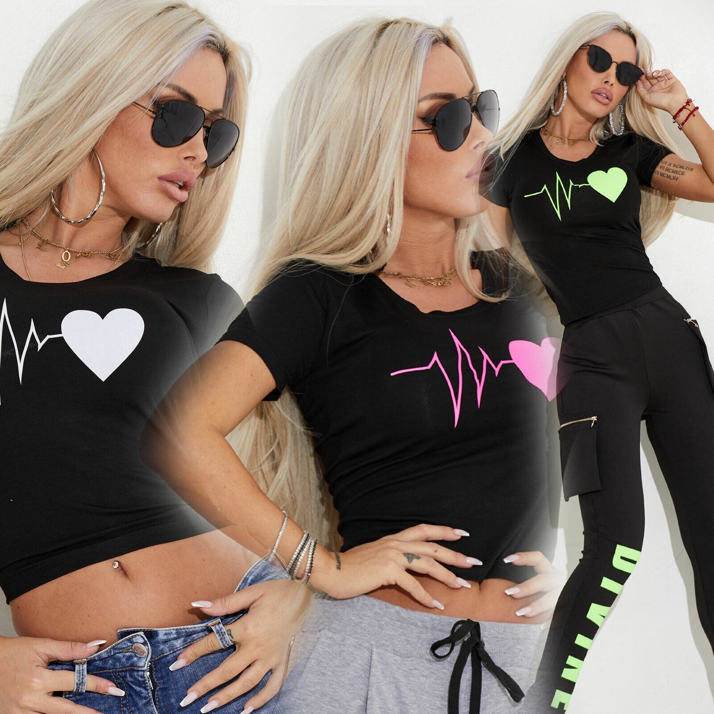 Mexton Damen T-Shirt Bluse mit kurzem Arm, Neon rosa und grün mit Herz-Print, Größe M