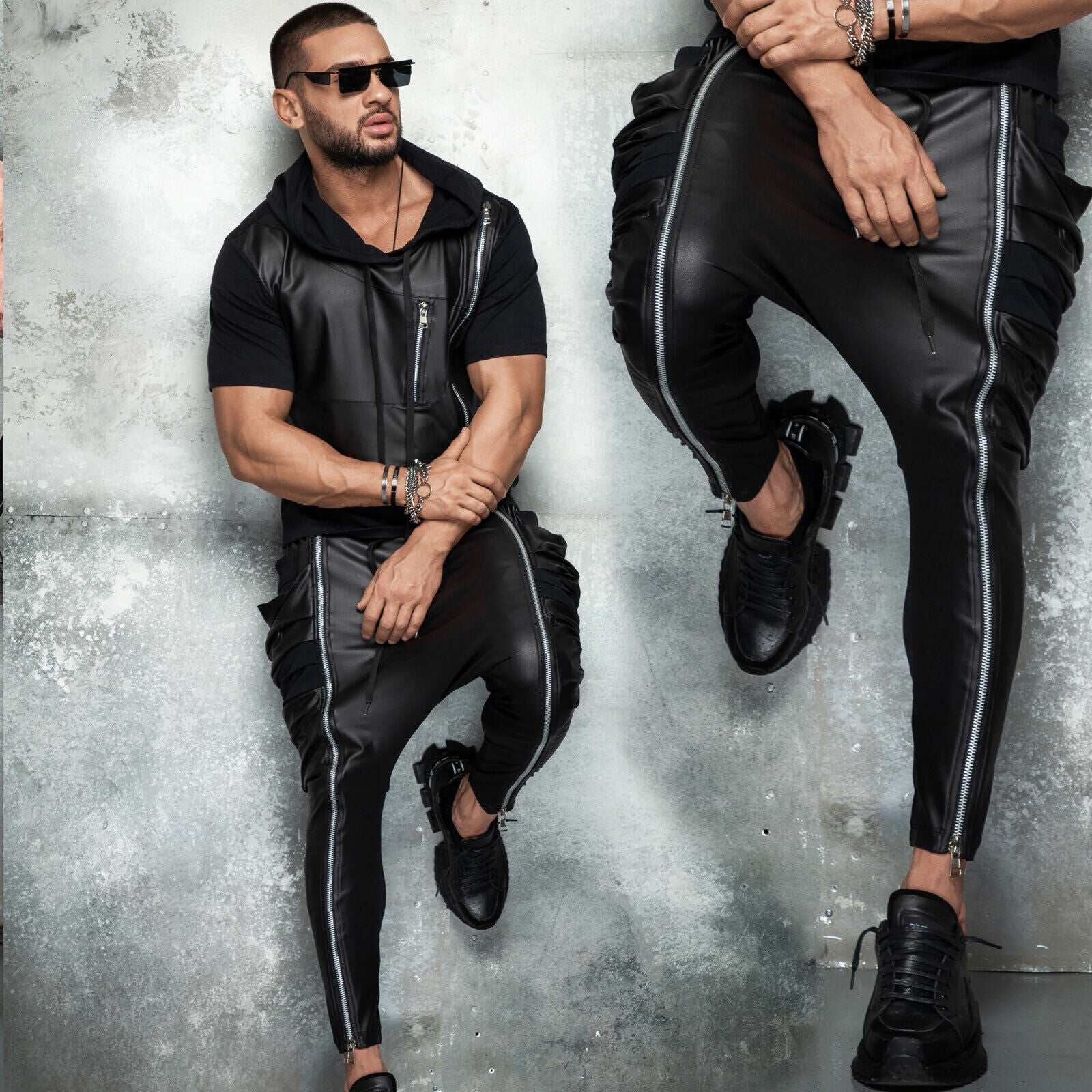 Mexton Men Herren 2-Teiler Freizeitanzug im Lederlook, bequemes Set aus Jacke und Hose, stilvoll und modern.