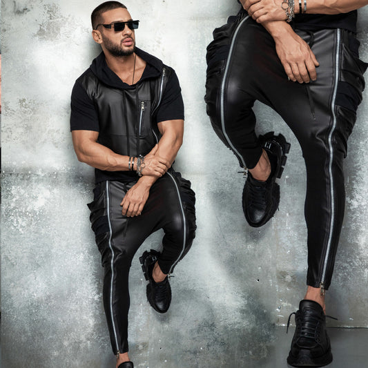 Mexton Men Herren 2-Teiler Freizeitanzug im Lederlook, bequemes Set aus Jacke und Hose, stilvoll und modern.