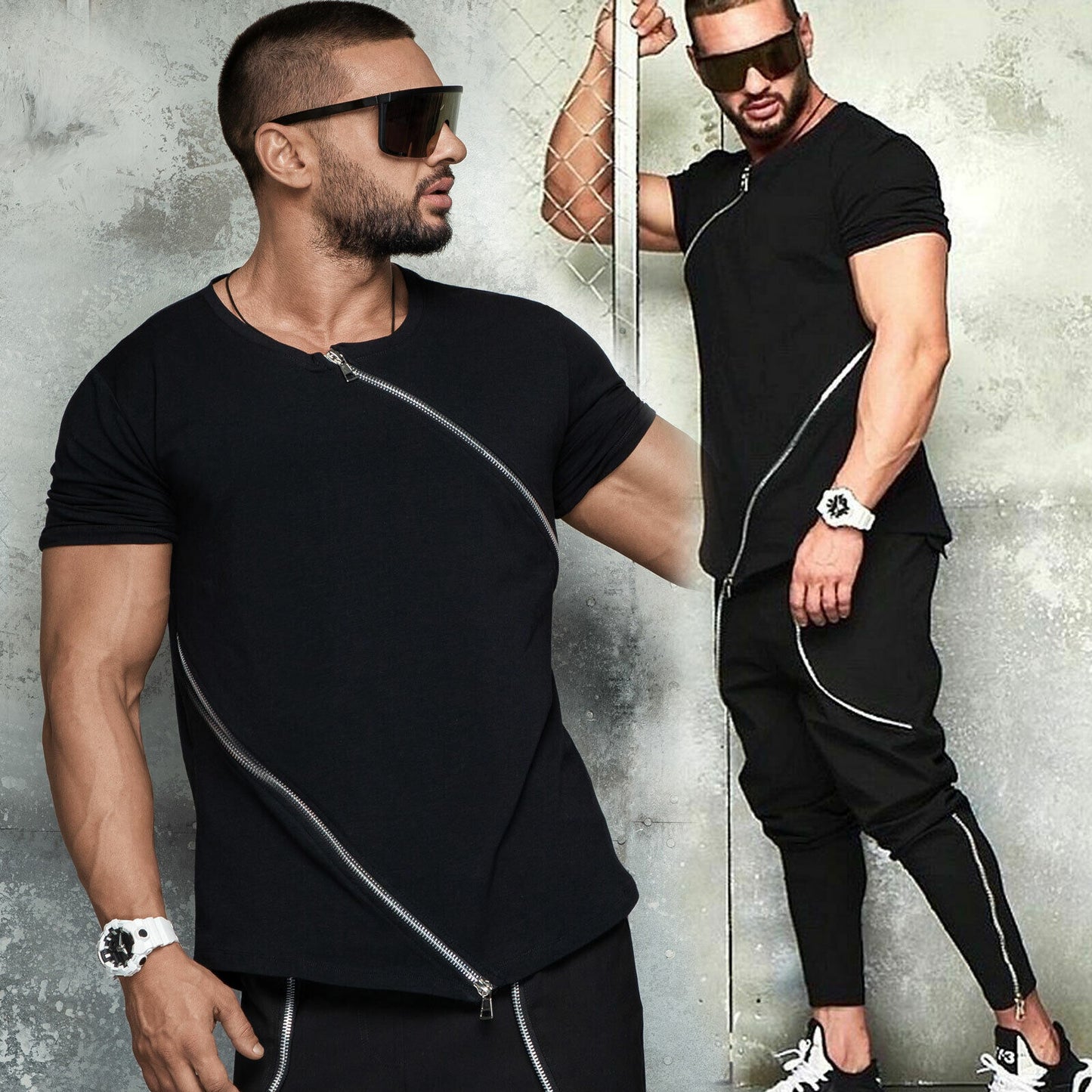 Mexton Men Herren Longshirt mit Reißverschluss, bequemes T-Shirt aus weichem Stoff, schwarzes Design, frontaler Reißverschluss.