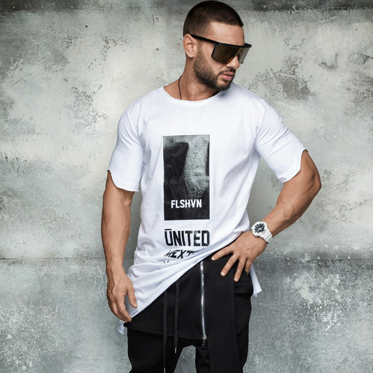 Mexton Men Oversize Deep O Neck T-Shirt Longshirt mit Kurzarm, Rundhals, Print, bequemes Herren-Design