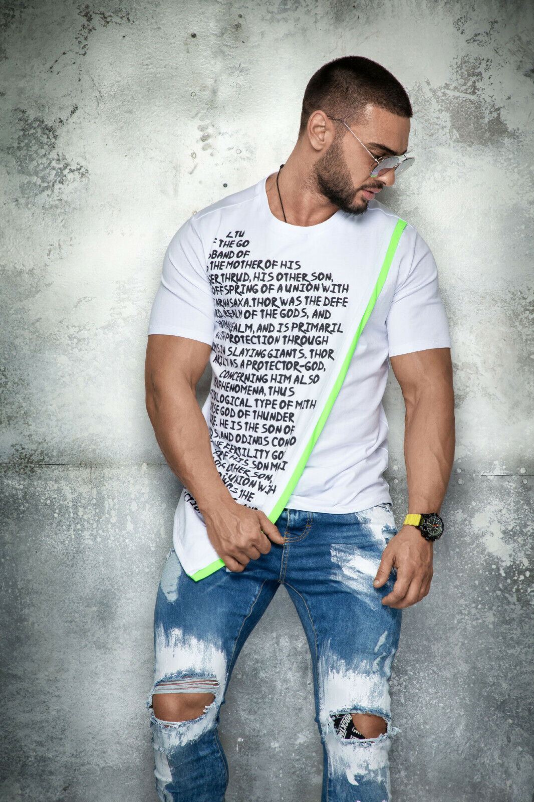 Mexton Men Herren Oversize Longshirt mit Neon-Print, kurzärmeliges T-Shirt, unifarben, Größe S bis XL