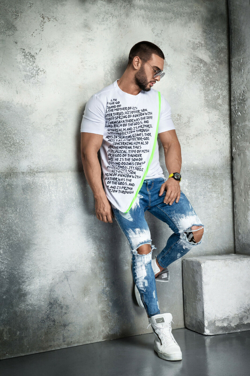 Mexton Men Herren Oversize Longshirt mit Neon-Print, langärmeliges T-Shirt, S bis XL, bequemes Casual-Design