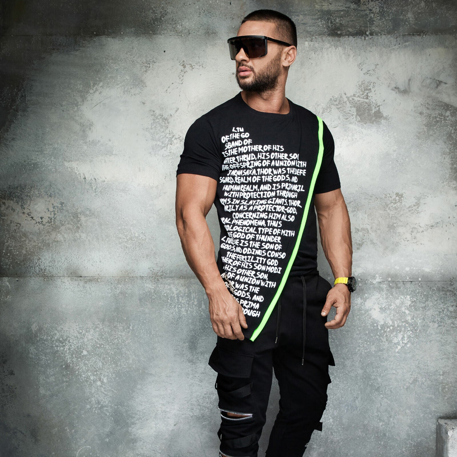 Mexton Men Herren Oversize Longshirt mit Neon-Print, langärmlig, bequemes T-Shirt in S bis XL, modisches Longtee für Männer