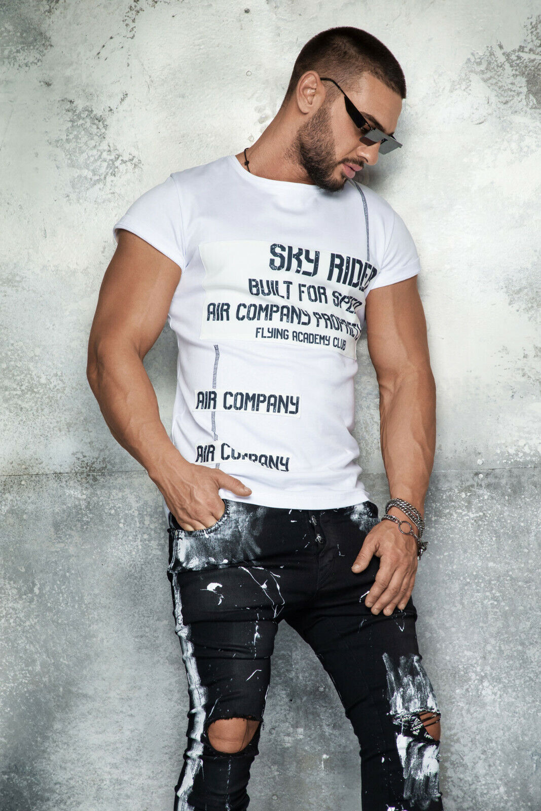 Mexton Men Herren Slim-Fit T-Shirt mit besticktem Print, Kurzarm, Langshirt, in S bis XL, modisches Design, casual Look