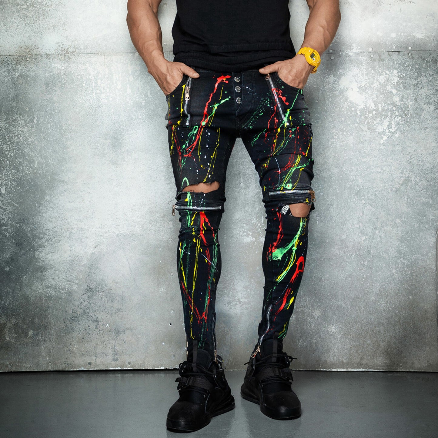 Mexton Herren Skinny Boyfriend Jeans mit Farbklecks, Destroyed-Design, Knöchellänge, W29-W36, modische Damen-Jeans