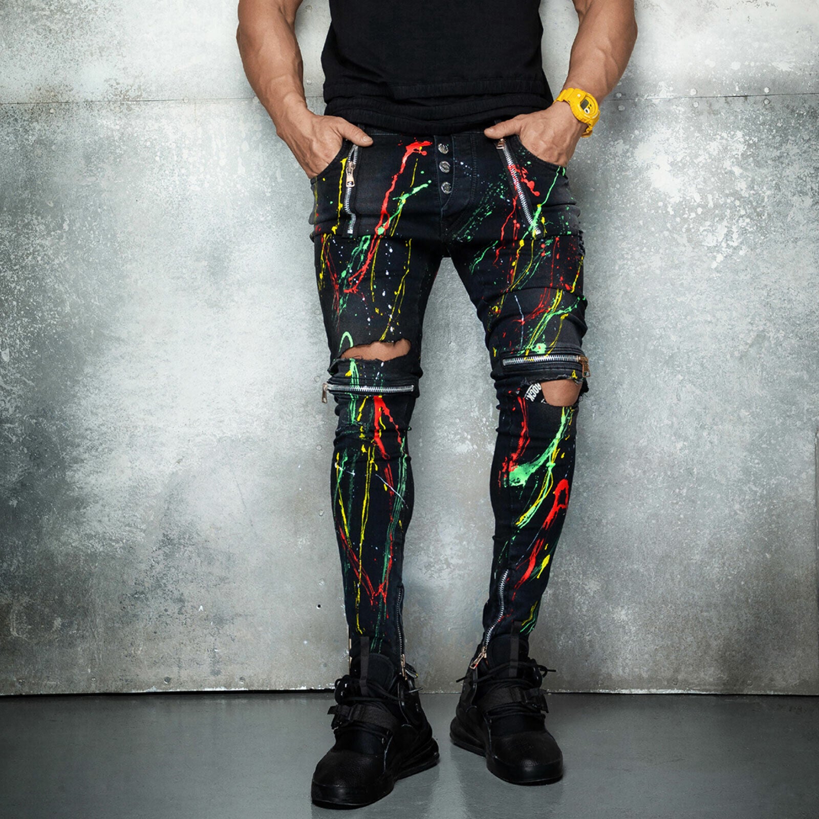 Mexton Herren Skinny Boyfriend Jeans mit Farbklecks, Destroyed-Design, Knöchellänge, W29-W36, modische Damen-Jeans
